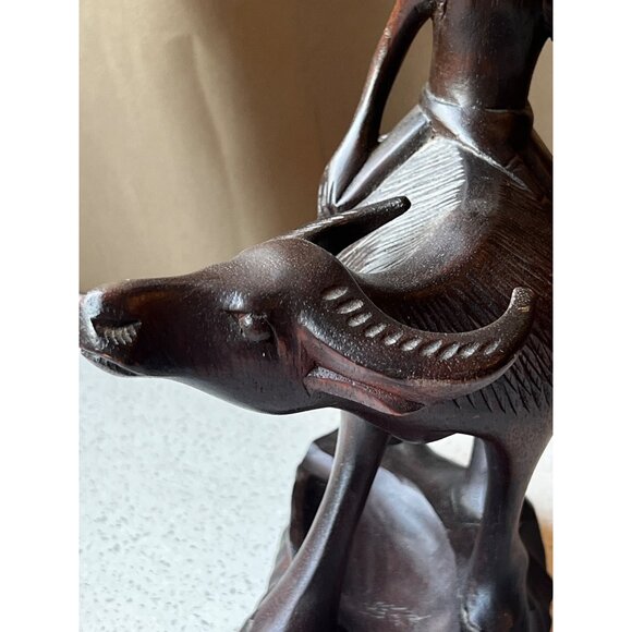Hand-Carved Wooden Sculpture Of Man On Water Buffalo Vintage - Picture 2 of 15